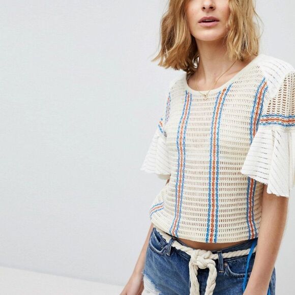 Free People Striped Flutter Sleeve Knit Drawstring Top (NWT) - Picture 2 of 5